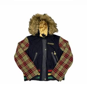 Vintage COOGI Knit Sleeve Bomber Jacket, Faux Fur Hood, Rasta Trim Size [2XL].